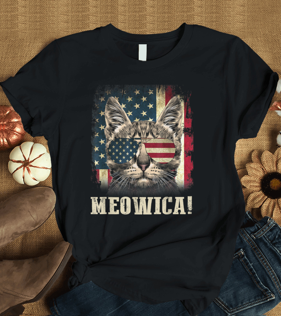 Vintage Meowica Cat with American Flag Sunglasses 4th of July T-Shirt