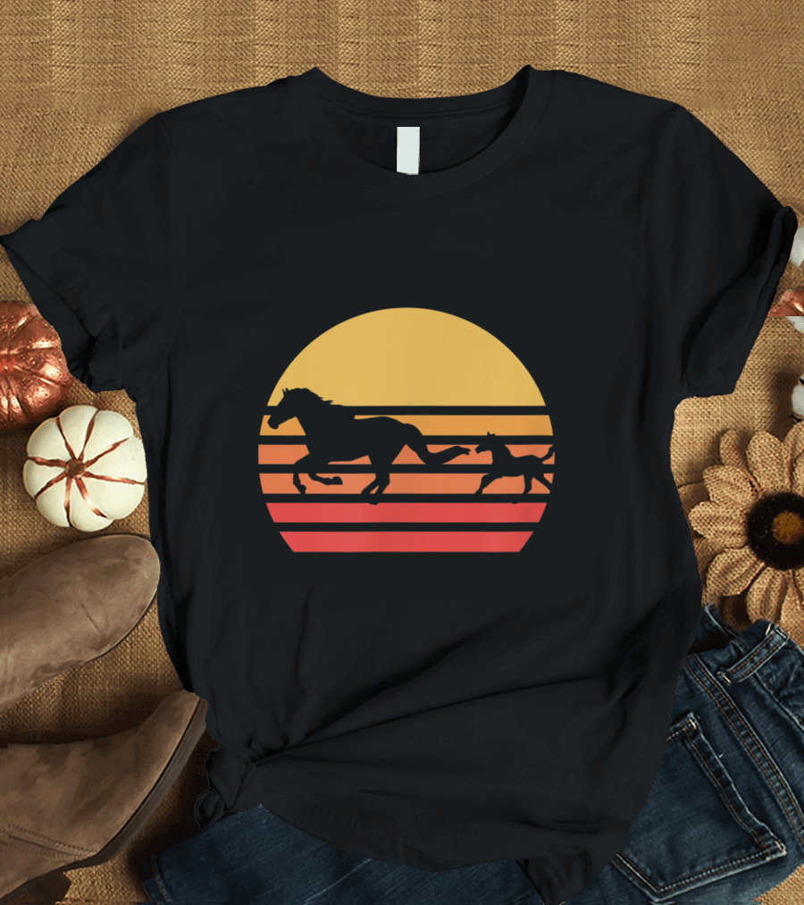 Running Horses in a Sunset Silhouette on Black Background Horse Love T-Shirt