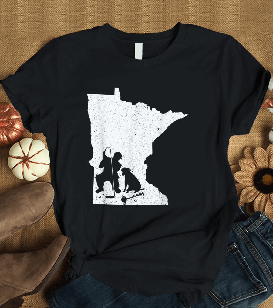 Minnesota State Silhouette Ice Fishing Scene with Fisherman and Dog T-Shirt