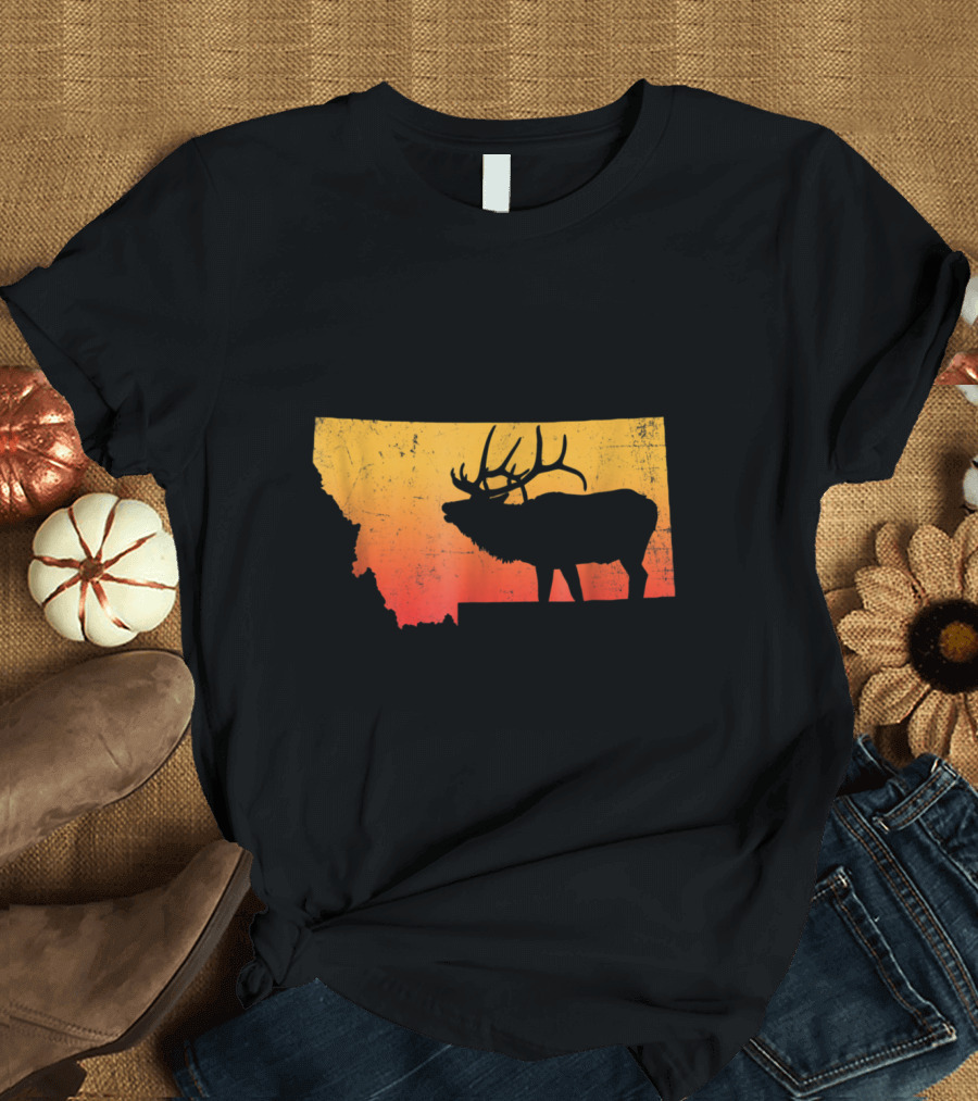 Vintage Montana Elk Silhouette Sunset Outdoor Adventure Scene T-Shirt