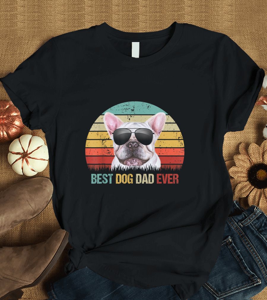 Best Dog Dad Ever French Bulldog with Sunglasses Retro Stripes T-Shirt