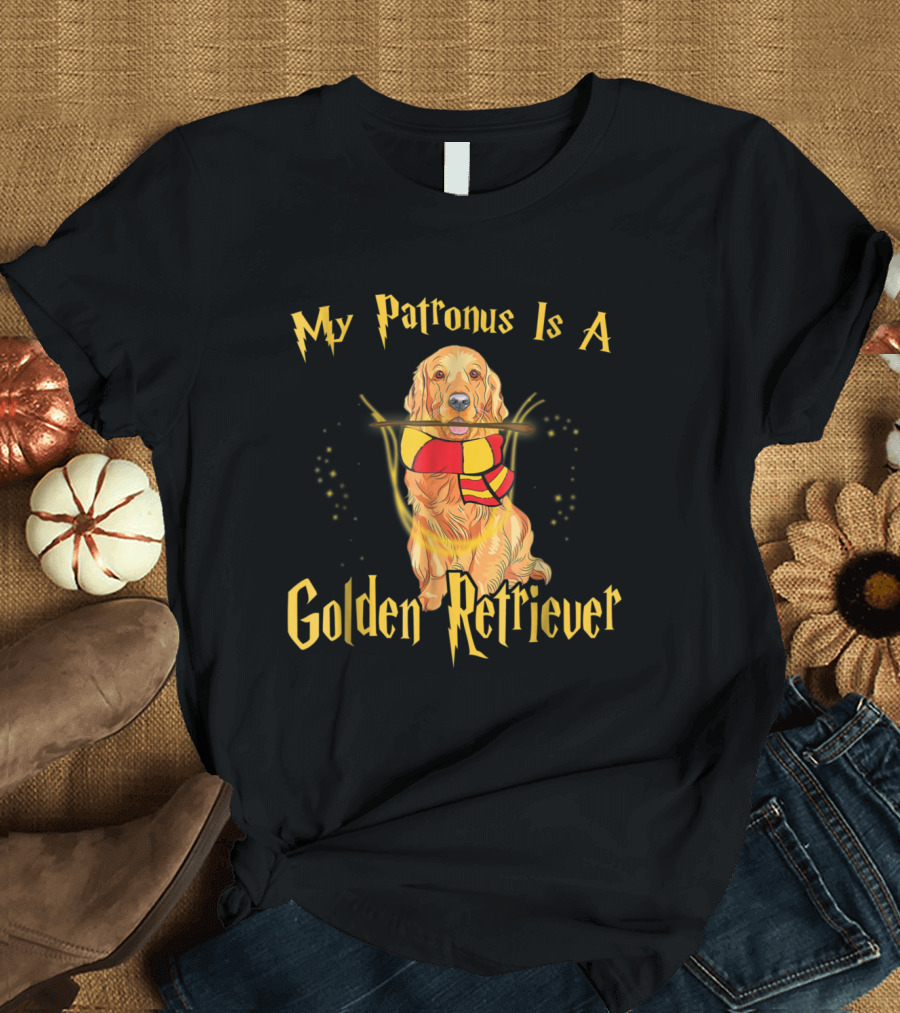 My Patronus Is A Golden Retriever With Wizard Scarf and Wand T-Shirt