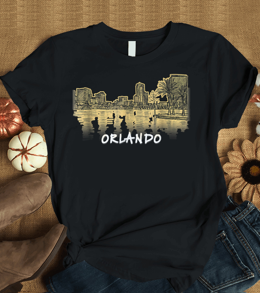 Orlando Florida Skyline Panorama Drawing with Golden Reflections T-Shirt