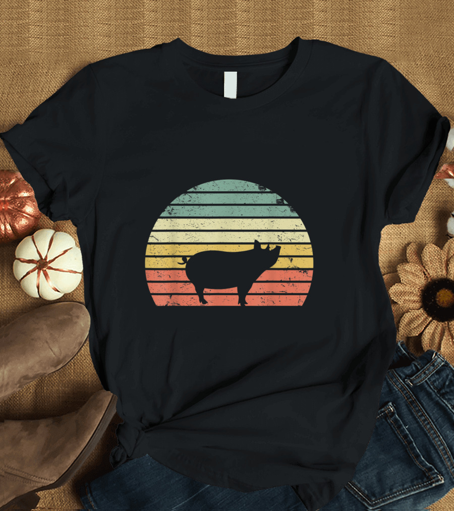 Vintage Pig Sunset Colors Distressed Retro Stripes T-Shirt