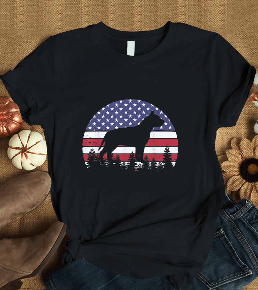 Vintage Pitbull Dog Silhouette with American Flag 4th of July T-Shirt