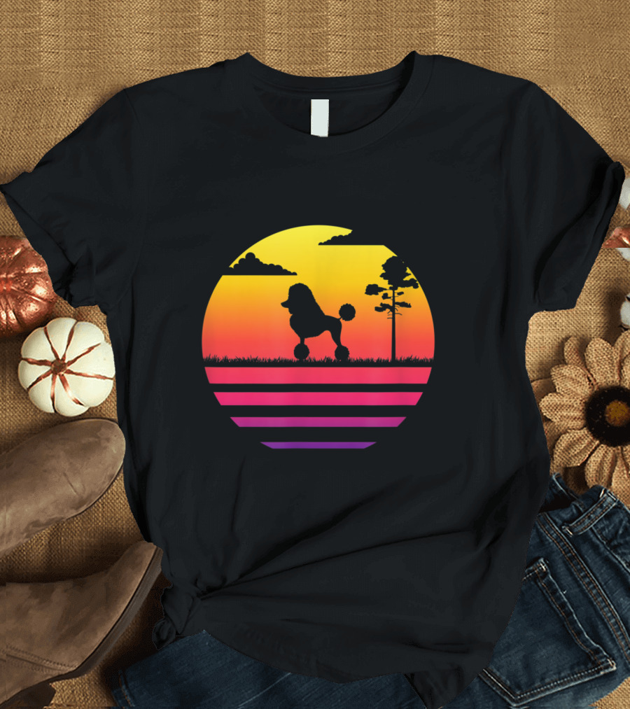 Poodle Vintage Dog Sunset Retro Silhouette Stripe T-Shirt