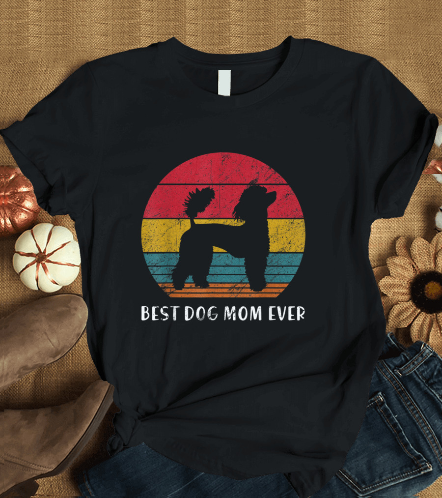 Best Dog Mom Ever Vintage Poodle Silhouette Retro Stripe Circle T-Shirt