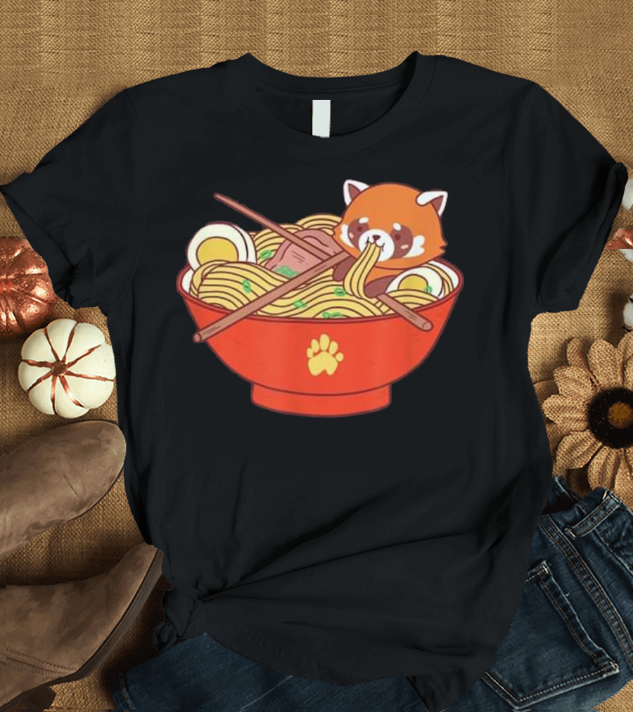 Red Fox Enjoying Ramen Noodles in Red Bowl with Paw Print and Chopsticks T-Shirt