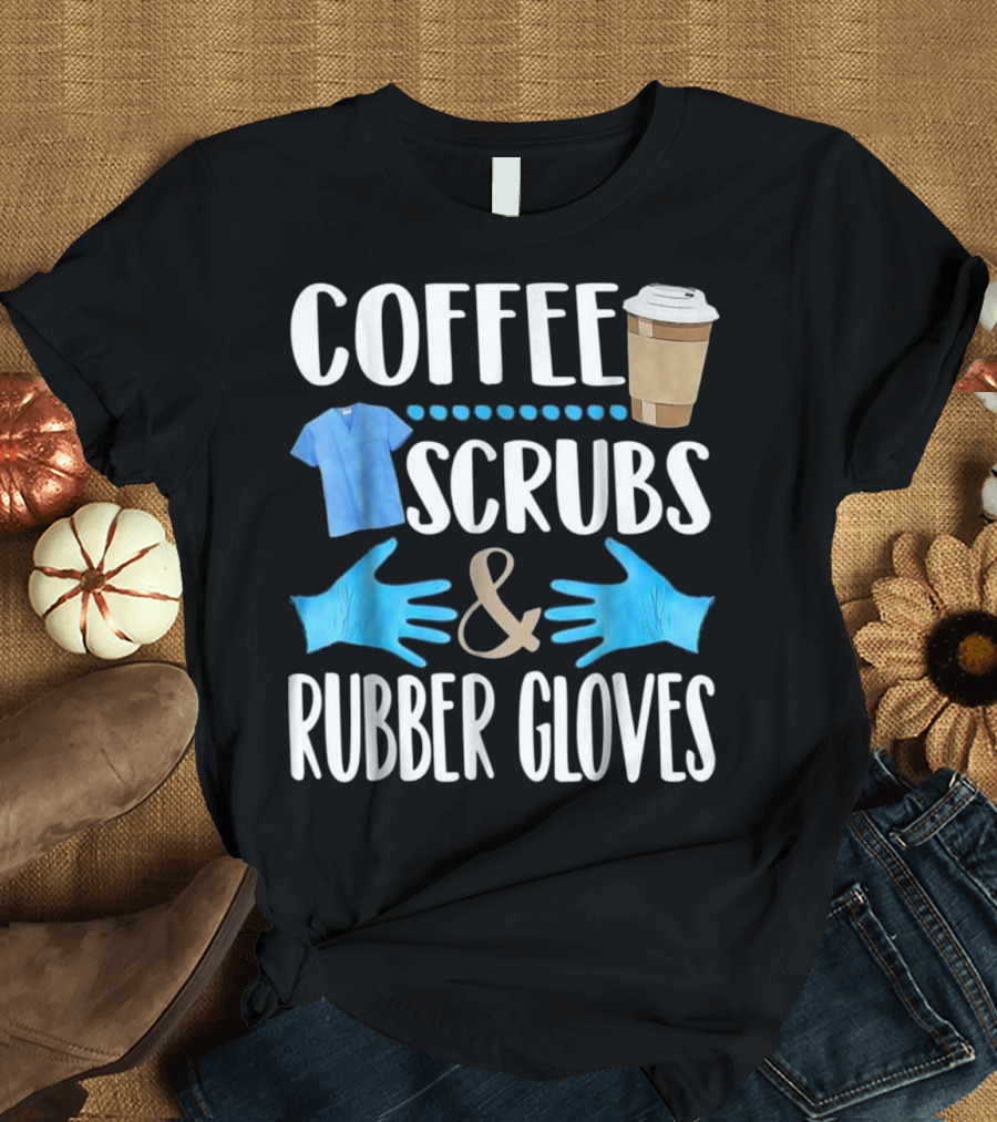 Coffee Scrubs and Rubber Gloves with Blue Medical Imagery and Takeout Cup T-Shirt