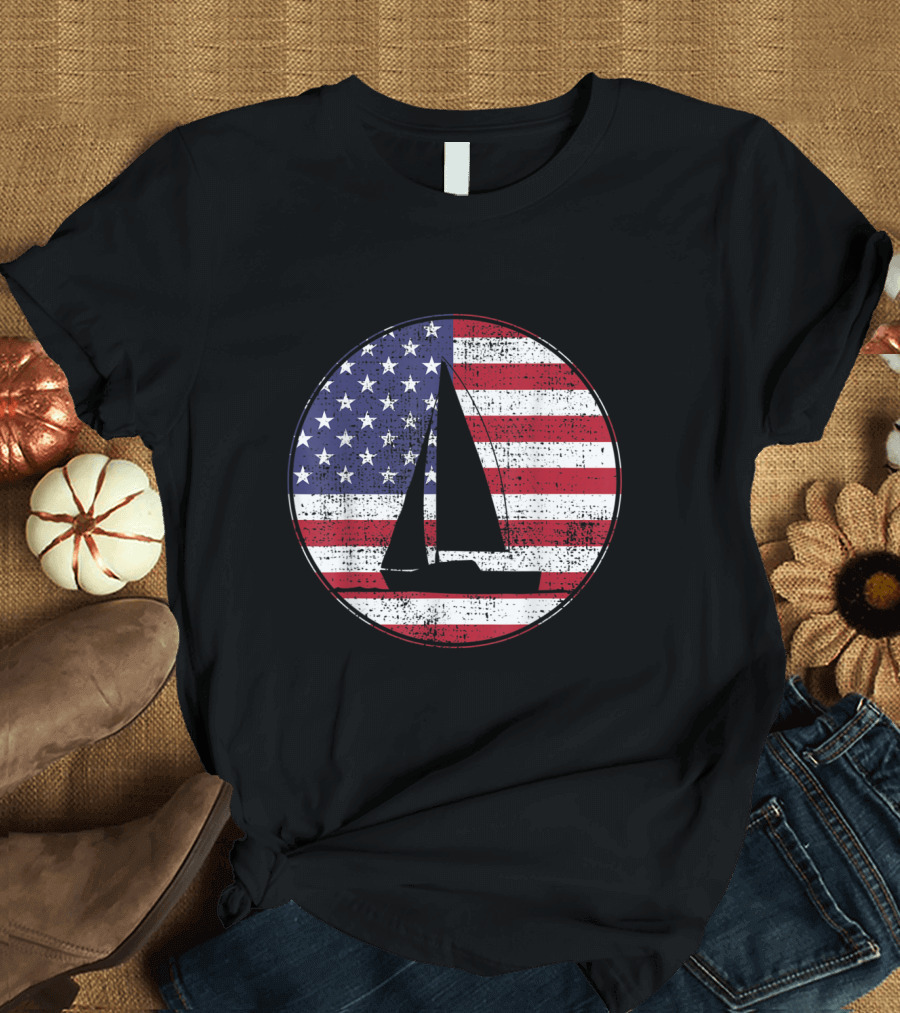 Sailing American Flag 4th of July Celebration Patriotic Boat T-Shirt