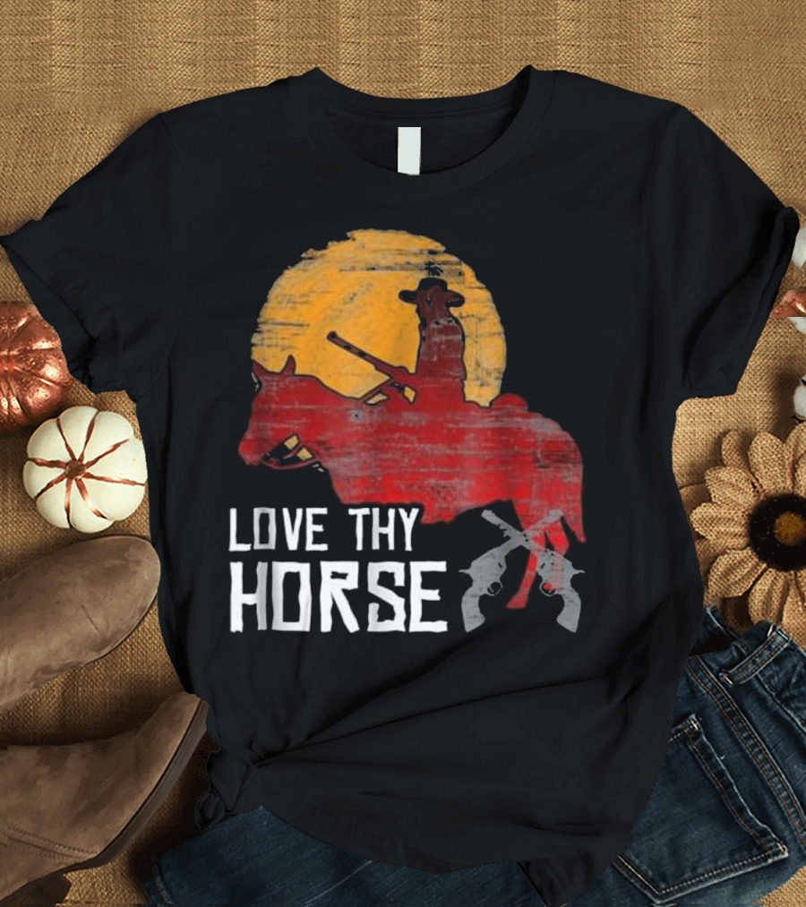 LOVE THY HORSE Red Rider Against Sunset with Crossed Guns T-Shirt