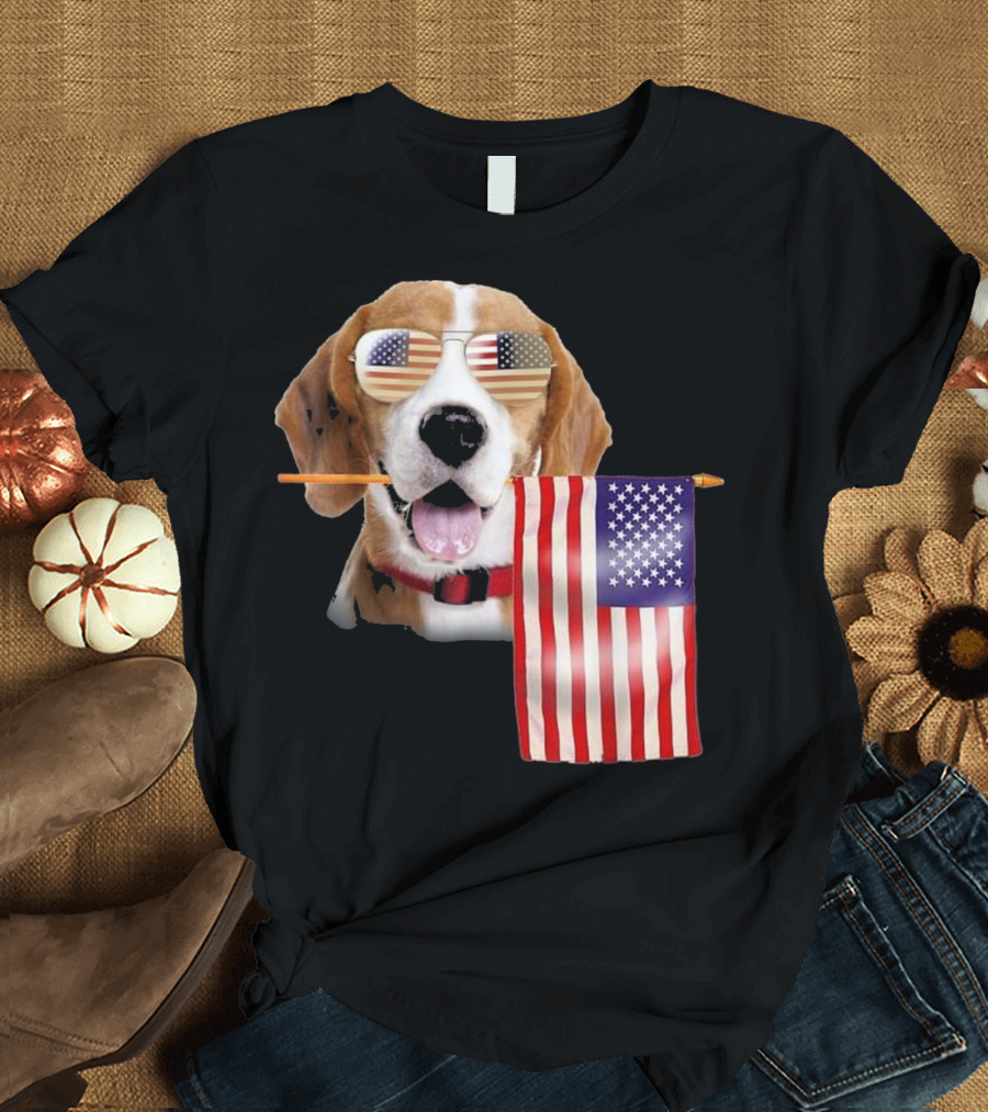 4th of July Beagle with American Flag Sunglasses and Flag Love T-Shirt