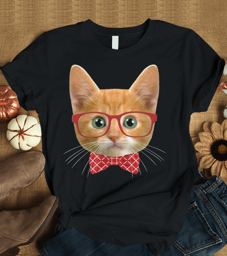 Ginger Orange Hipster Cat Green Eyes Red Glasses Bow Tie T-Shirt