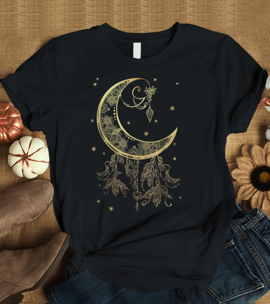 Mystical Pagan Filigree Crescent Moon with Stars and Hanging Feathers T-Shirt