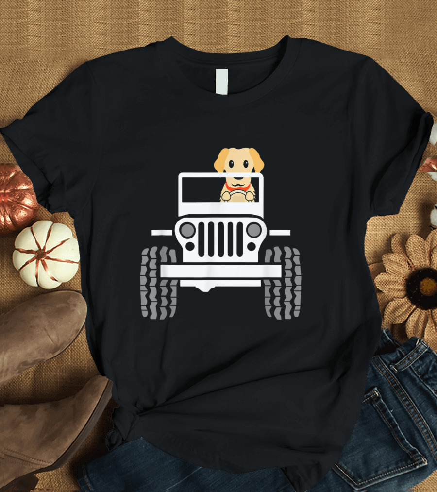 Mens Cute Funny Golden Retriever Driving Jeep T-Shirt