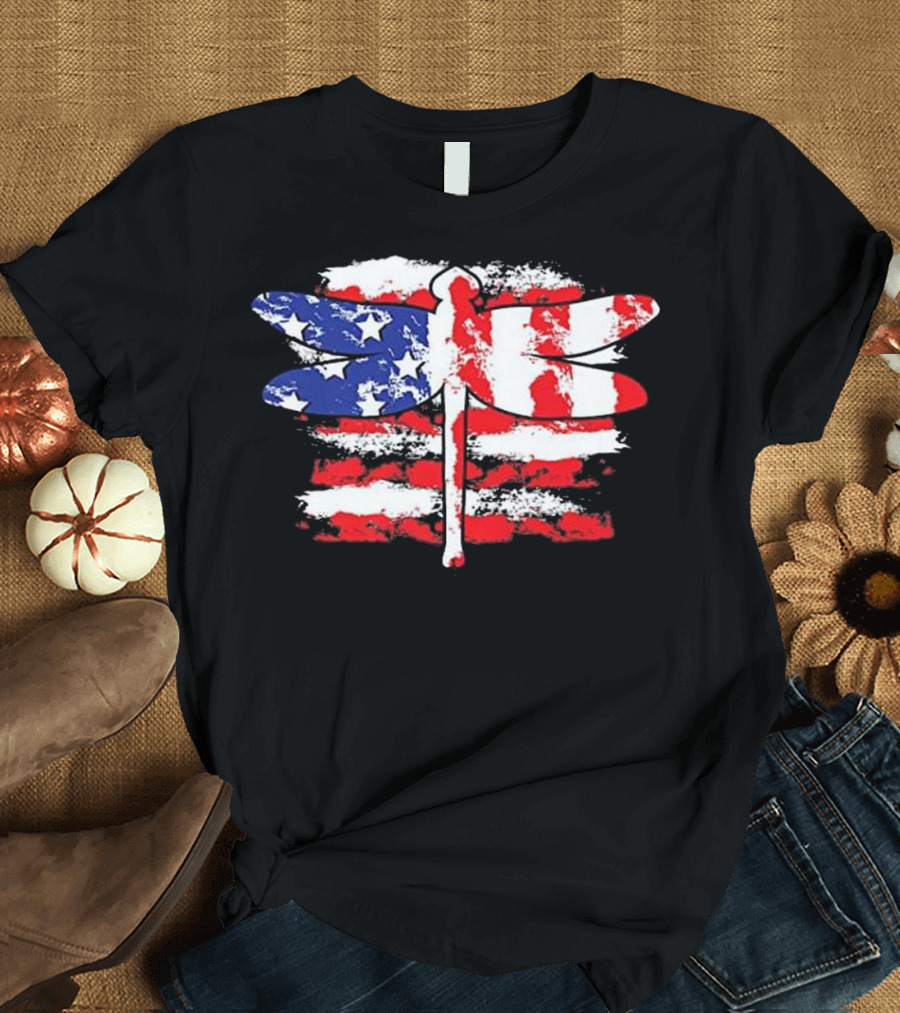 4th of July Patriotic Dragonfly with US American Flag T-Shirt