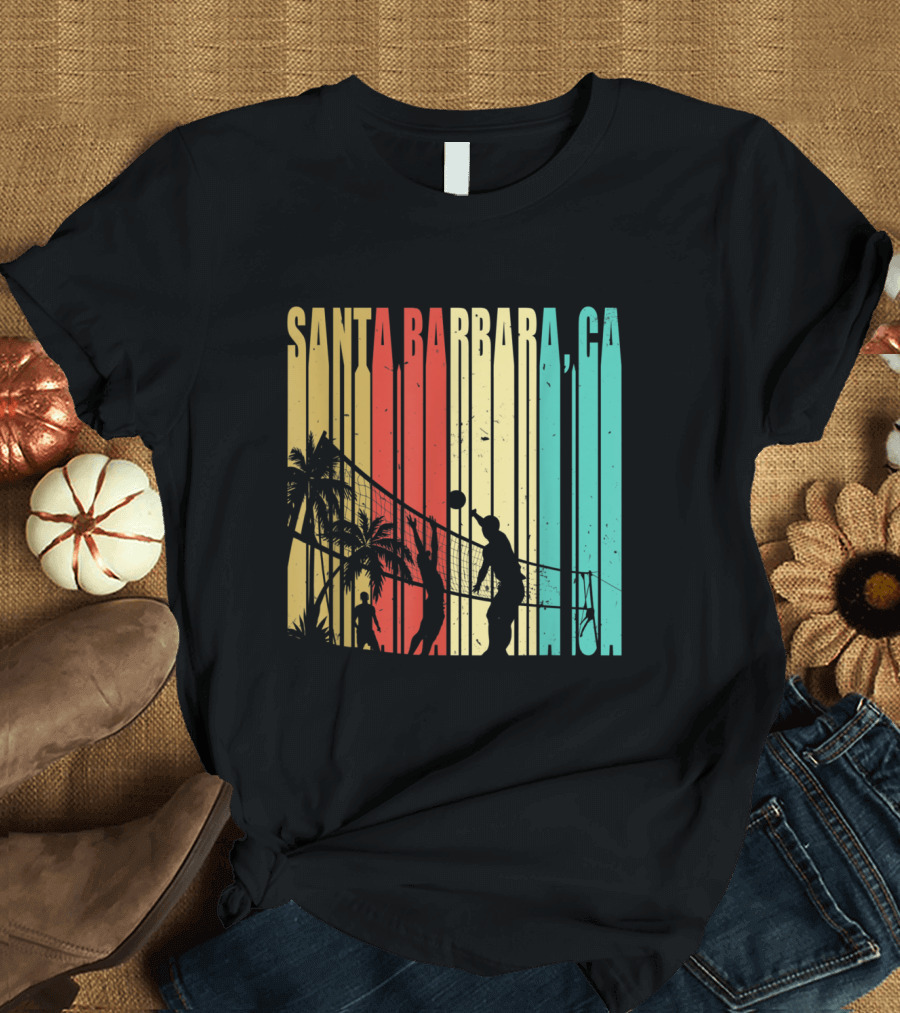 Santa Barbara CA Beach Volleyball Palm Trees Vintage Stripes T-Shirt