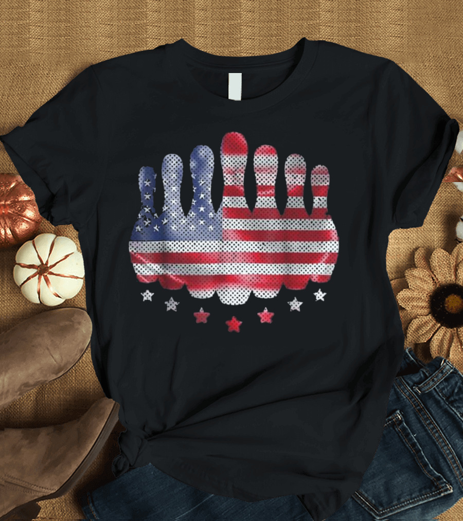 4th of July Stars and Stripes Bowling Pins with American Flag T-Shirt