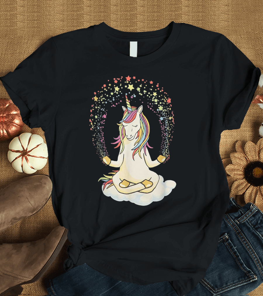 Namaste Meditating Magical Yoga Unicorn on Cloud with Rainbow Stars T-Shirt