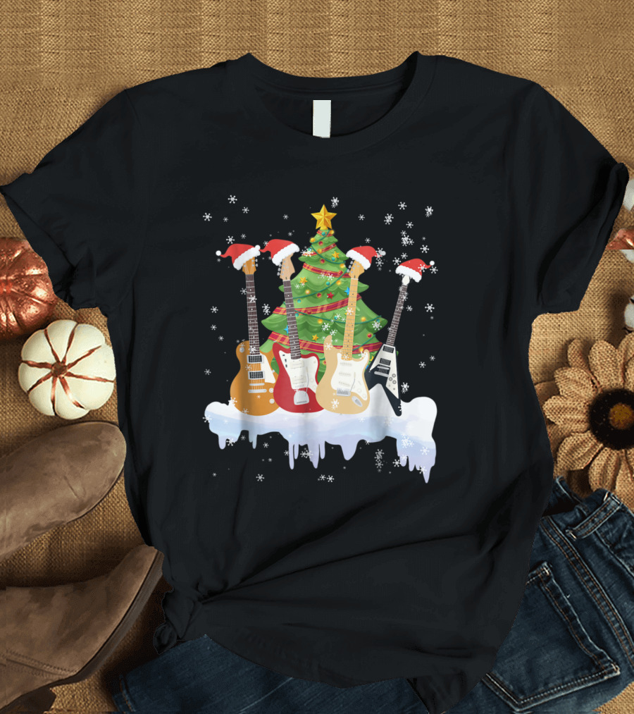 Holiday Santa Hat Electric Guitar Christmas Tree Scene T-Shirt