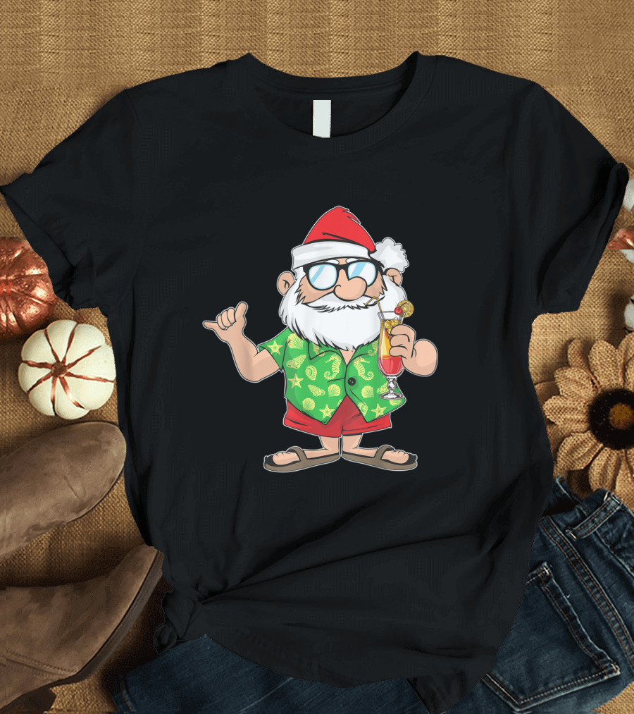 Santa Hawaiian Christmas In Beach Attire with Tropical Drink T-Shirt