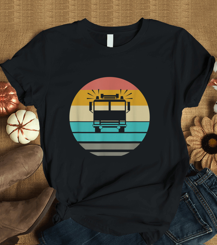 Vintage Firetruck Rainbow Stripes Retro Firefighter T-Shirt