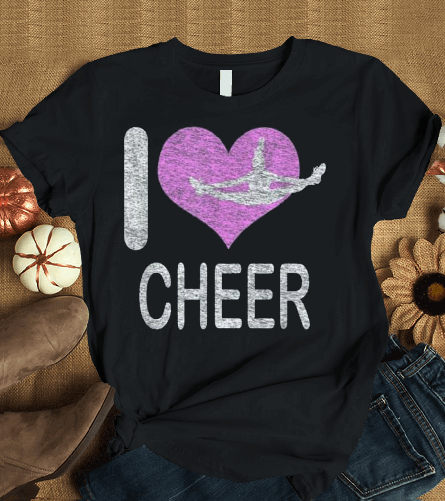 I Heart Cheer Distressed Flyer Cheerleading Jump in Pink Heart T-Shirt