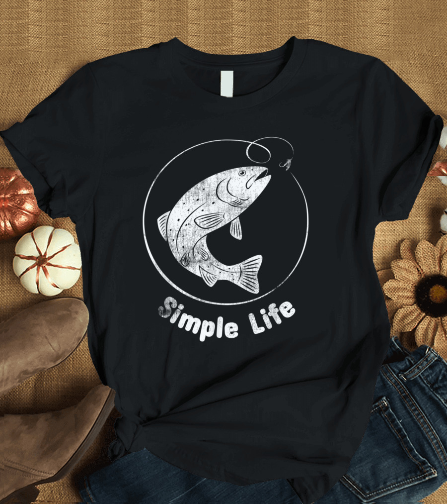 Simple Life Distressed Fishing Fish Hook Circle T-Shirt