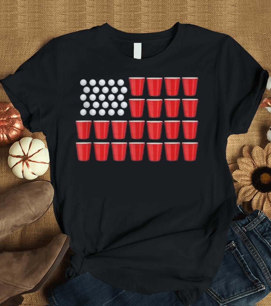 USA Flag Made of Beer Pong Cups and Balls Funny American Flag T-Shirt