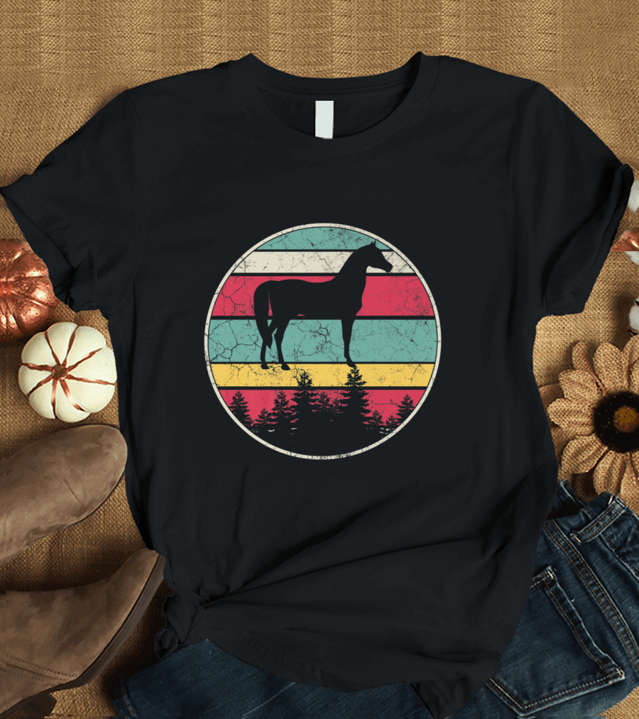 Vintage Horse Equestrian Forest Silhouette Retro Stripes T-Shirt