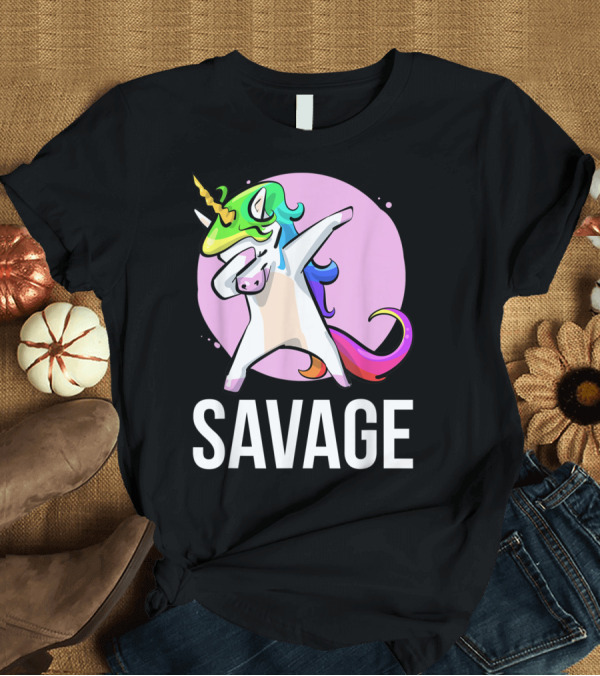 T-Shirt: Savage Dabbing Unicorn with Colorful Mane in Front of Pink Circle T-Shirt Savage Dabbing Unicorn with Colorful Mane in Front of Pink Circle T-Shirt