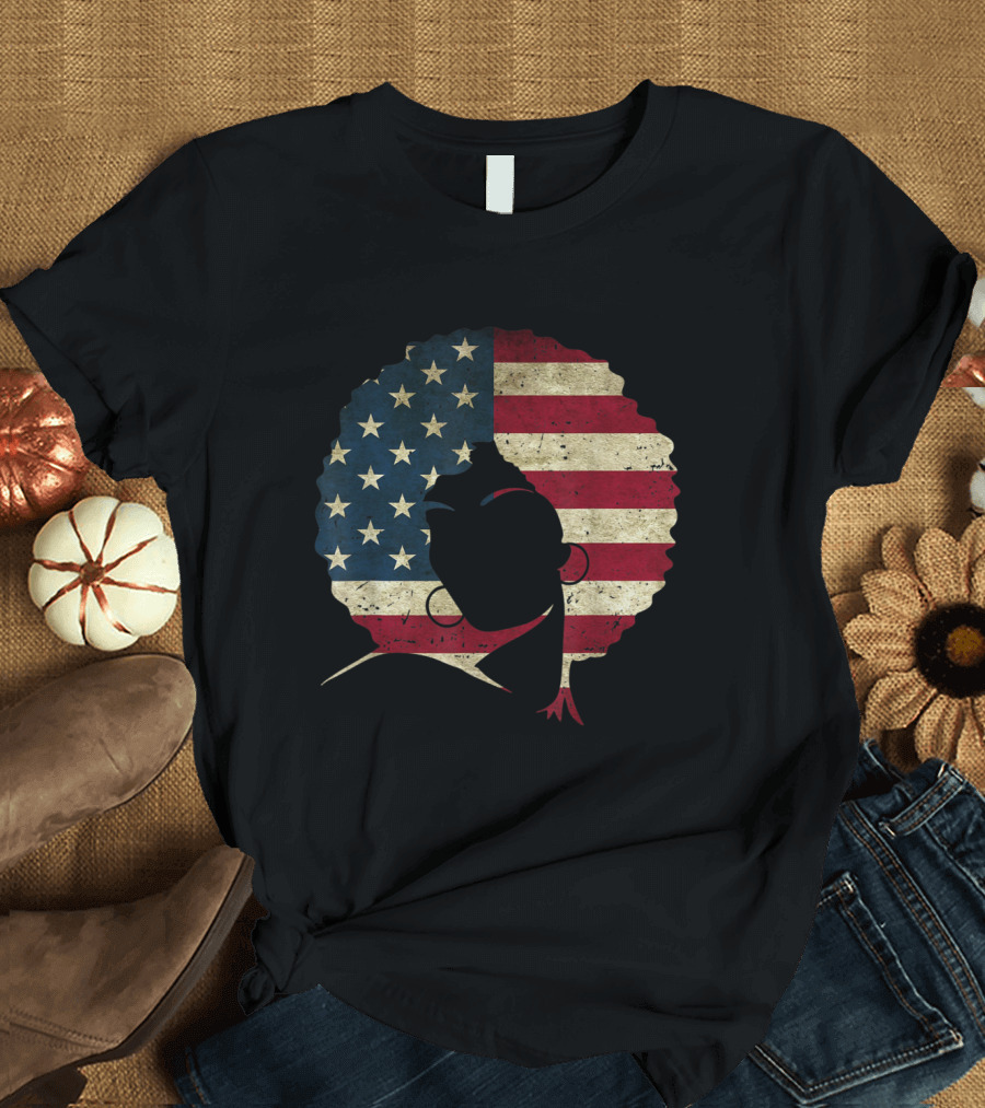 Natural Hair Afro American Flag 4th Of July T-Shirt
