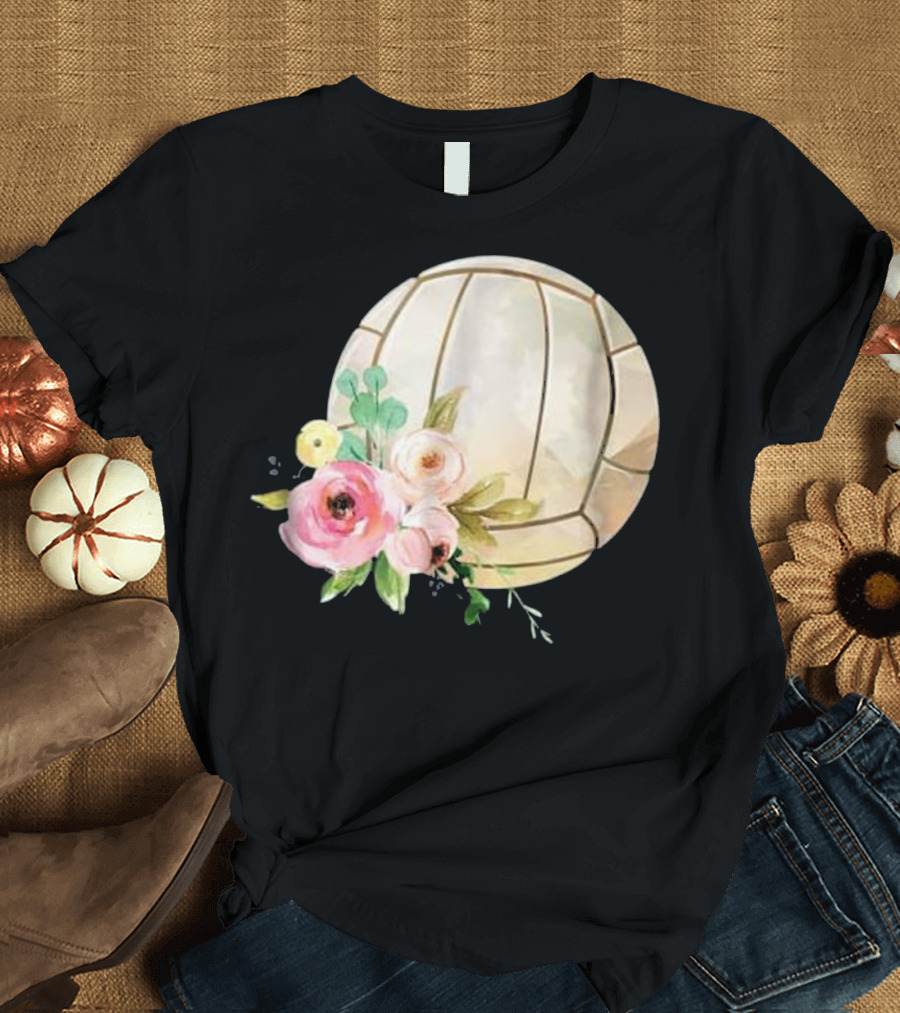 Girly Boho Floral Watercolor Volleyball with Pastel Flowers T-Shirt