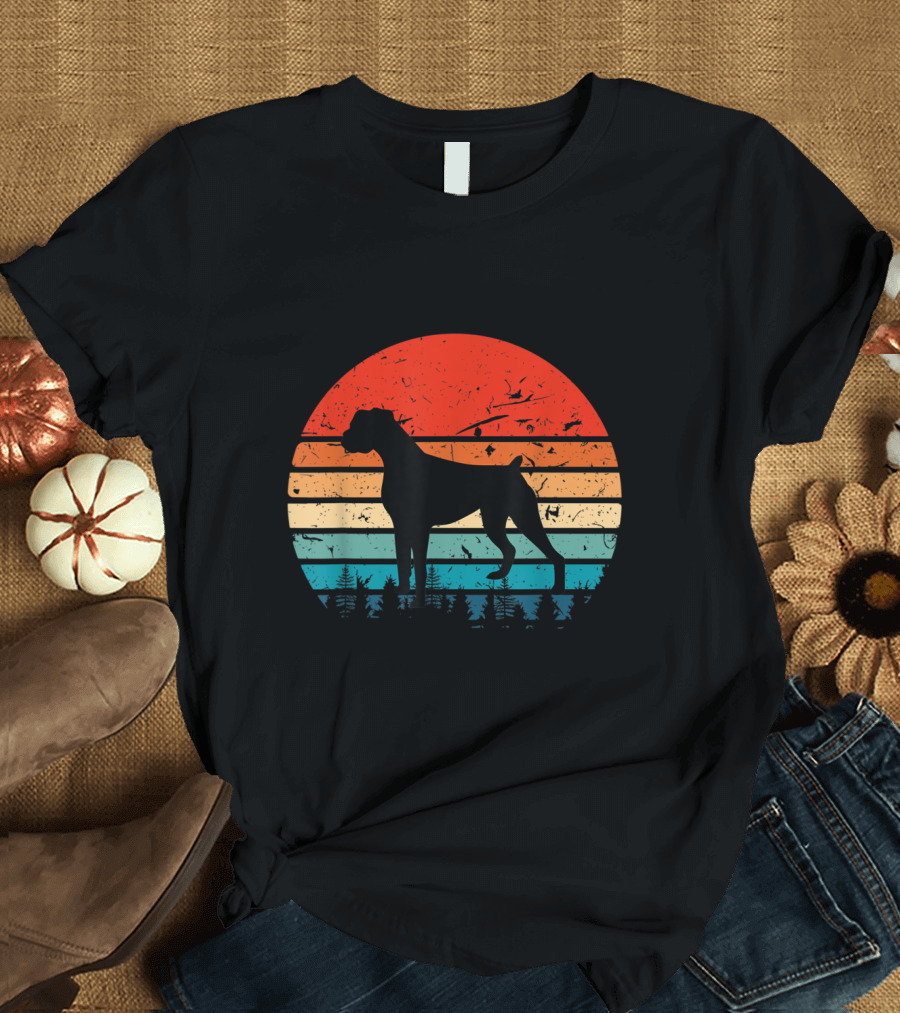 Vintage Boxer Silhouette Retro Sunset Stripes Forest Scene T-Shirt
