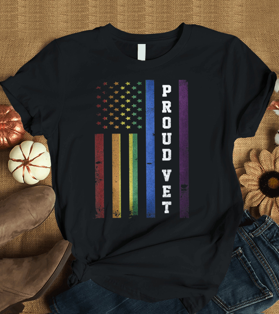 Proud Vet Rainbow USA Flag Stars T-Shirt