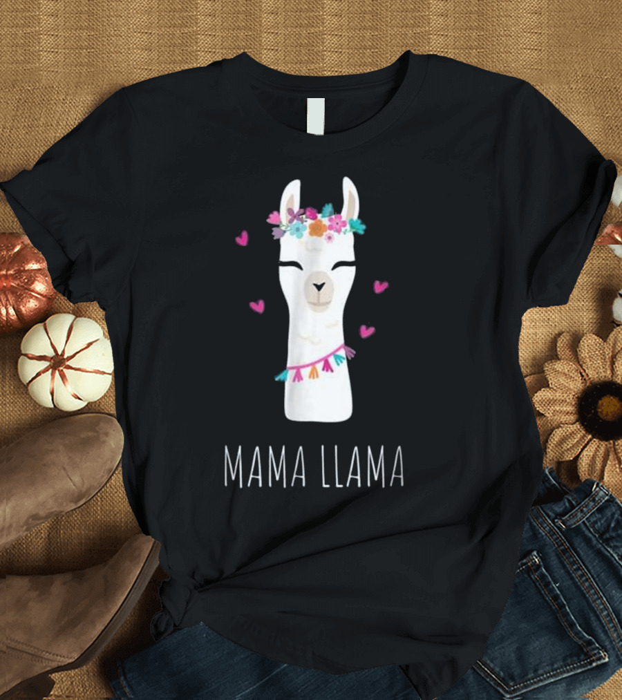 Mama Llama Flower Crown and Tassels with Hearts T-Shirt