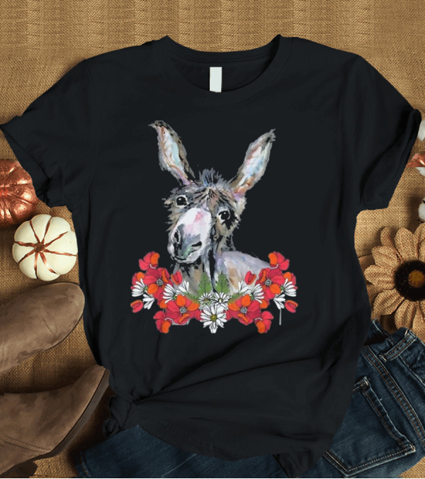 T-Shirt: Donkey with Red and White Flowers for Farmers T-Shirt Donkey with Red and White Flowers for Farmers T-Shirt