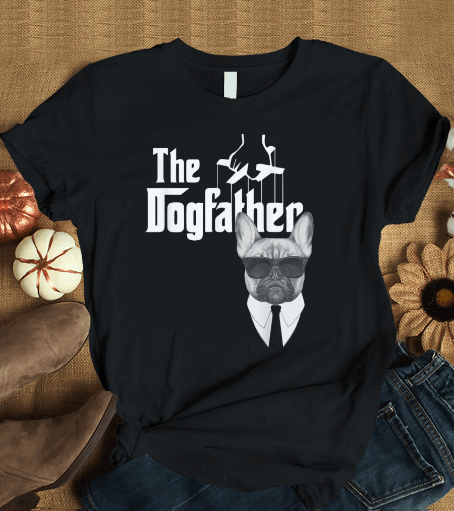 The Dogfather French Bulldog Wearing Sunglasses With Mobster Tie and Puppet Strings T-Shirt