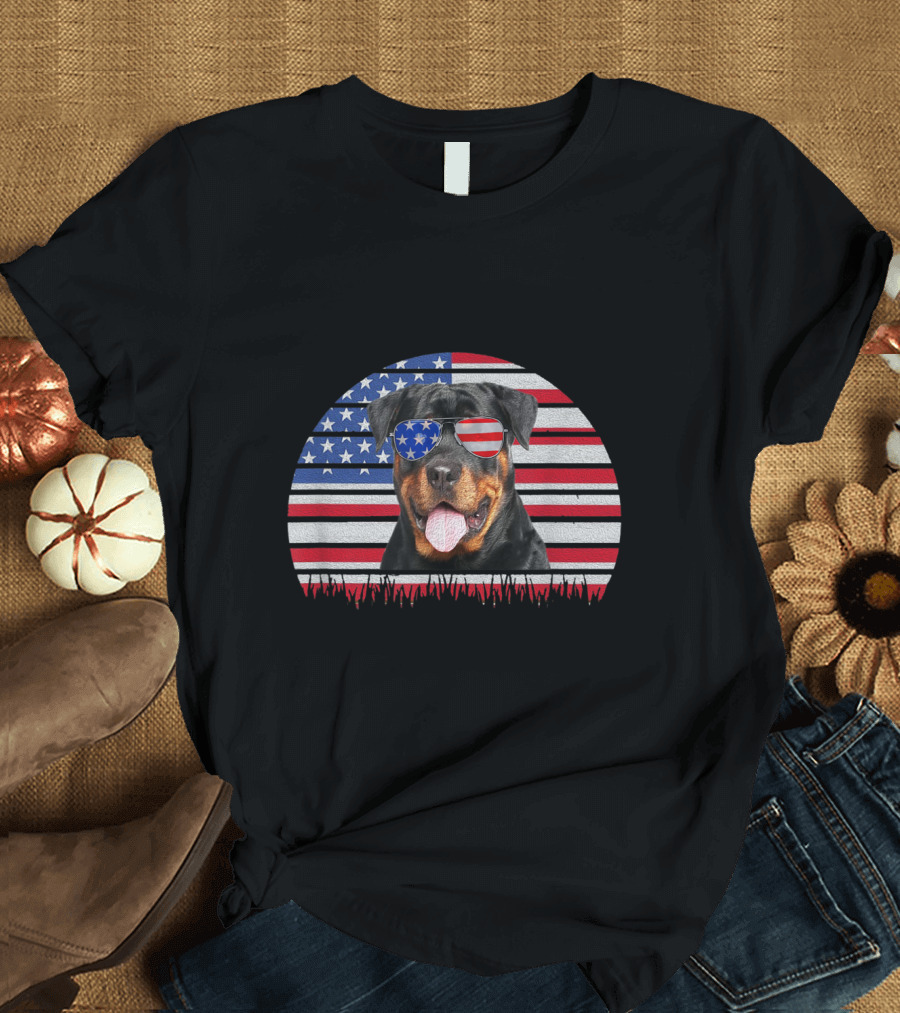 Rottweiler Wearing American Flag Sunglasses with Vintage US Flag Background T-Shirt