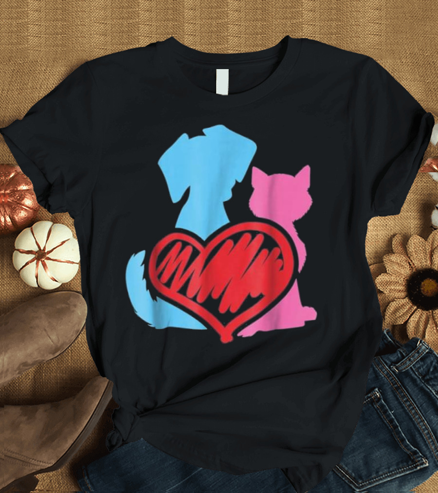 Funny Cat and Dog Heart T-Shirt