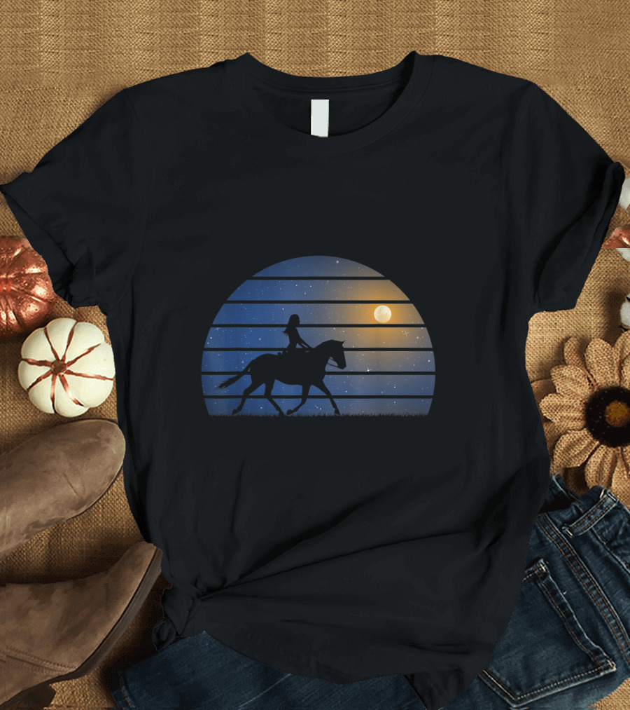 Girl Riding Horse Under Moonlit Night Sky T-Shirt