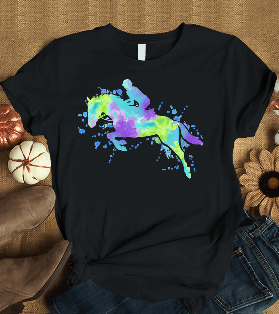 Watercolor Jumping Horse Equestrian Rider Edit T-Shirt