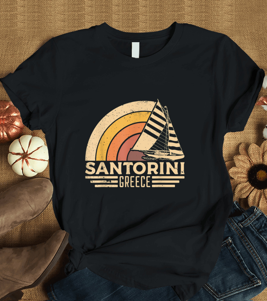 Vintage Santorini Greece Sailing Rainbow Stripes T-Shirt