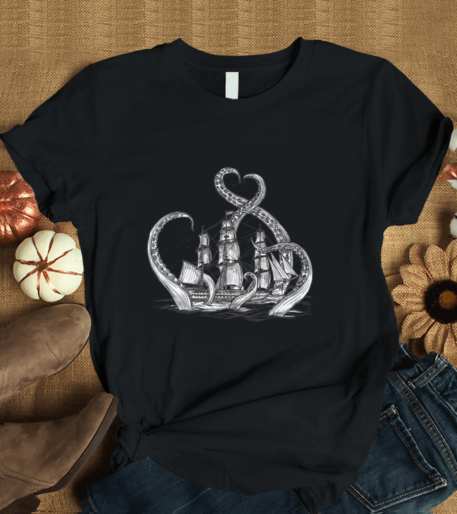 Vintage Kraken Sea Monster and Sailing Ship Scene T-Shirt
