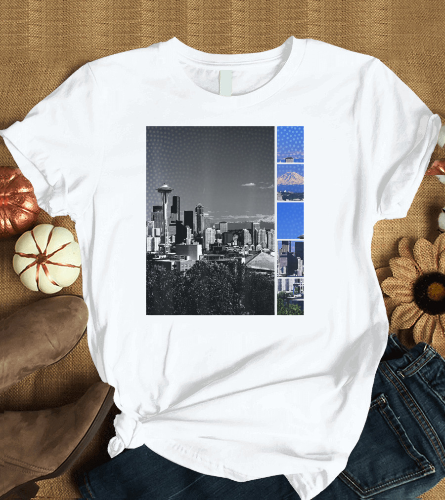 Downtown Seattle Skyline Space Needle Mount Rainier Shades of Grey T-Shirt