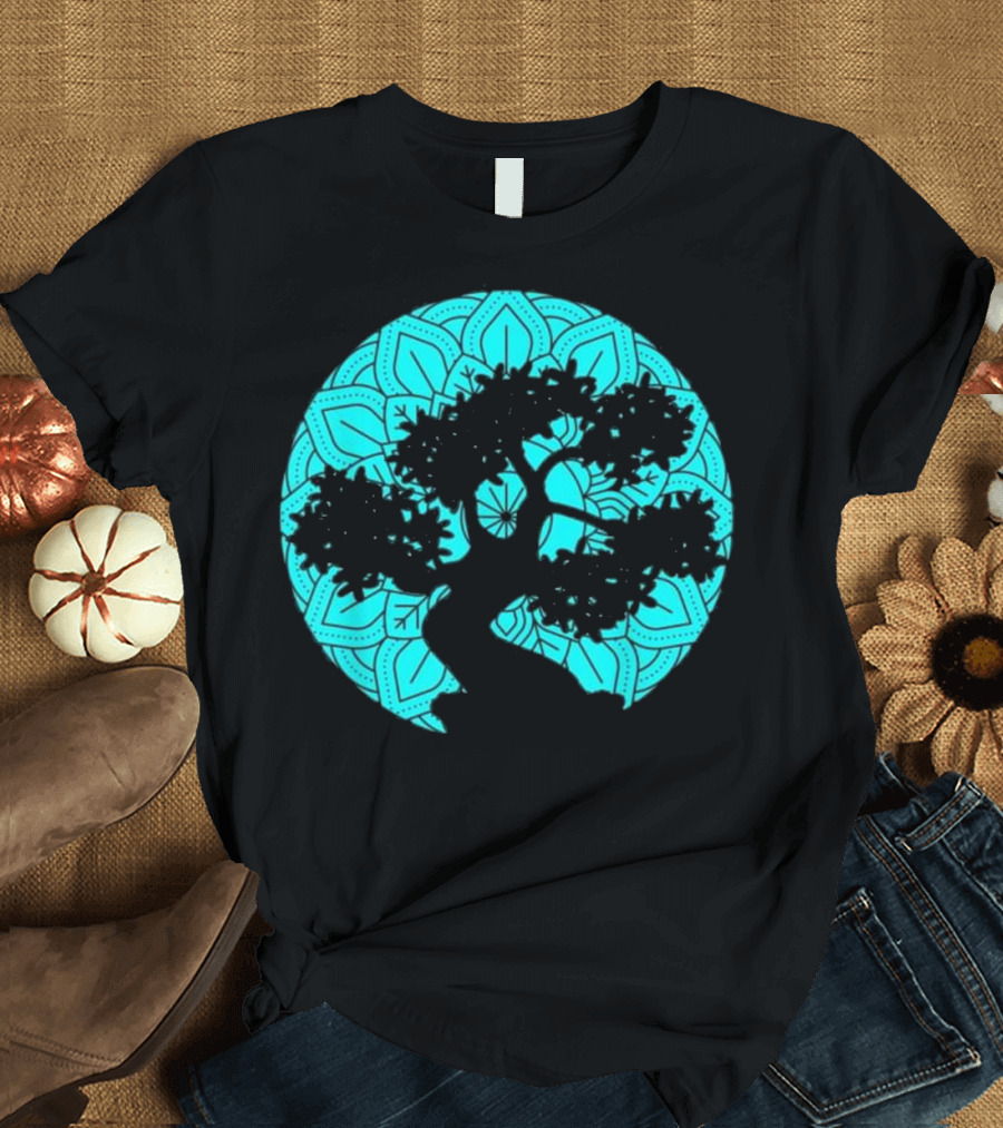 Mandala Bonsai Tree Zen Buddhist Silhouette Circle T-Shirt