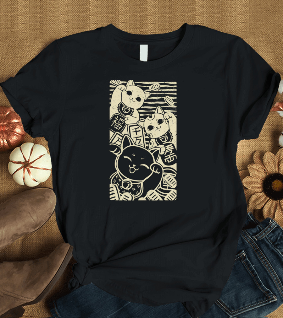 Maneki Nekos Lucky Cats with Japanese Coins and Symbols T-Shirt