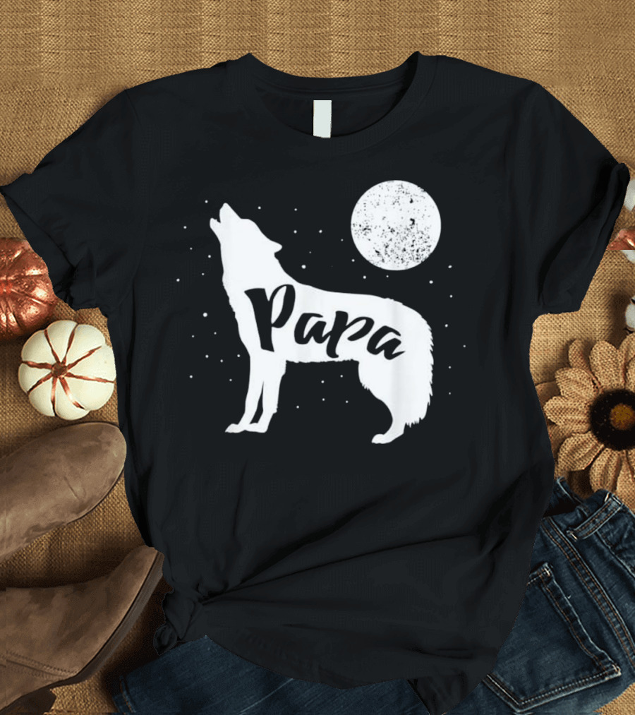 Papa Wolf Forest Wolf Pack Moon Stars T-Shirt