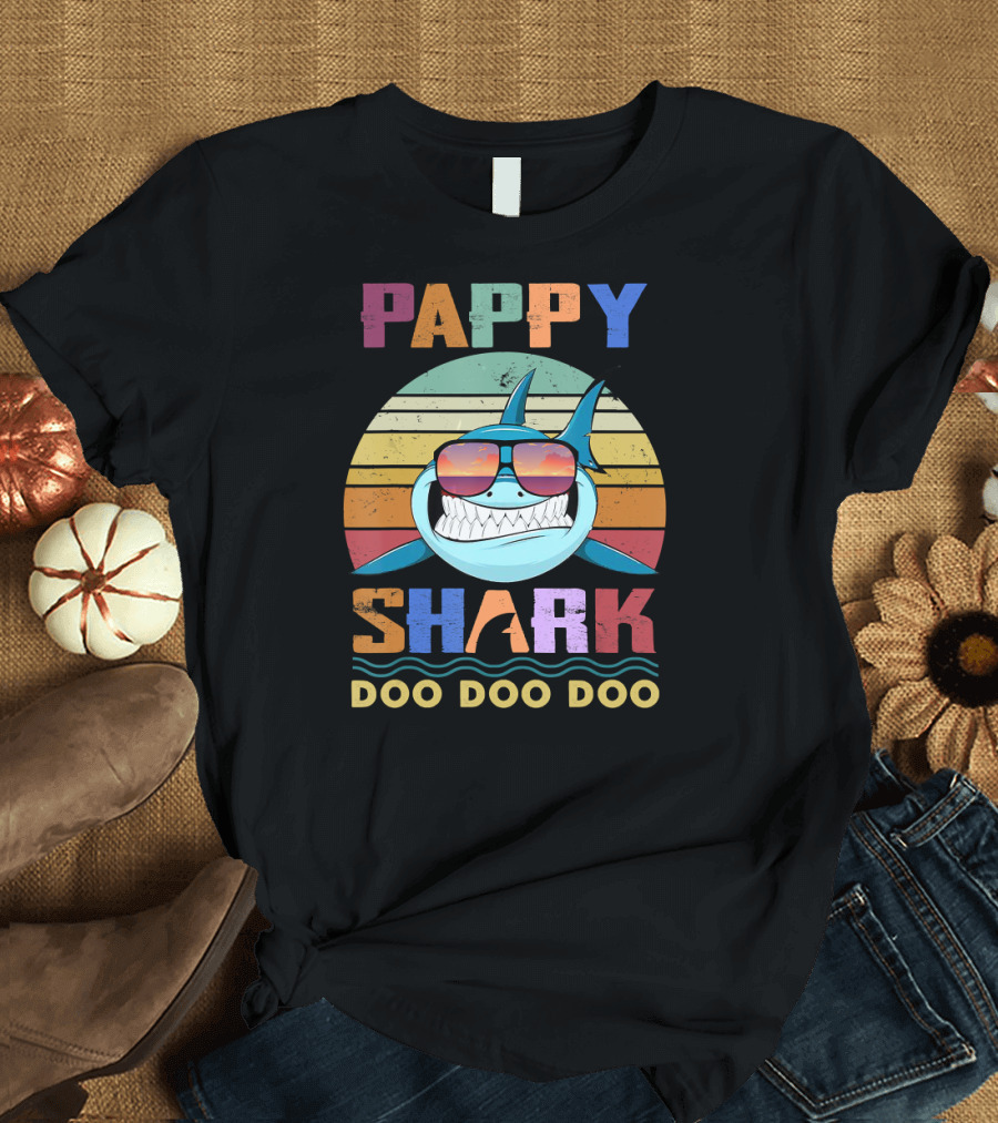 Pappy Shark Doo Doo Doo Retro Sunglasses Rainbow Sunset T-Shirt