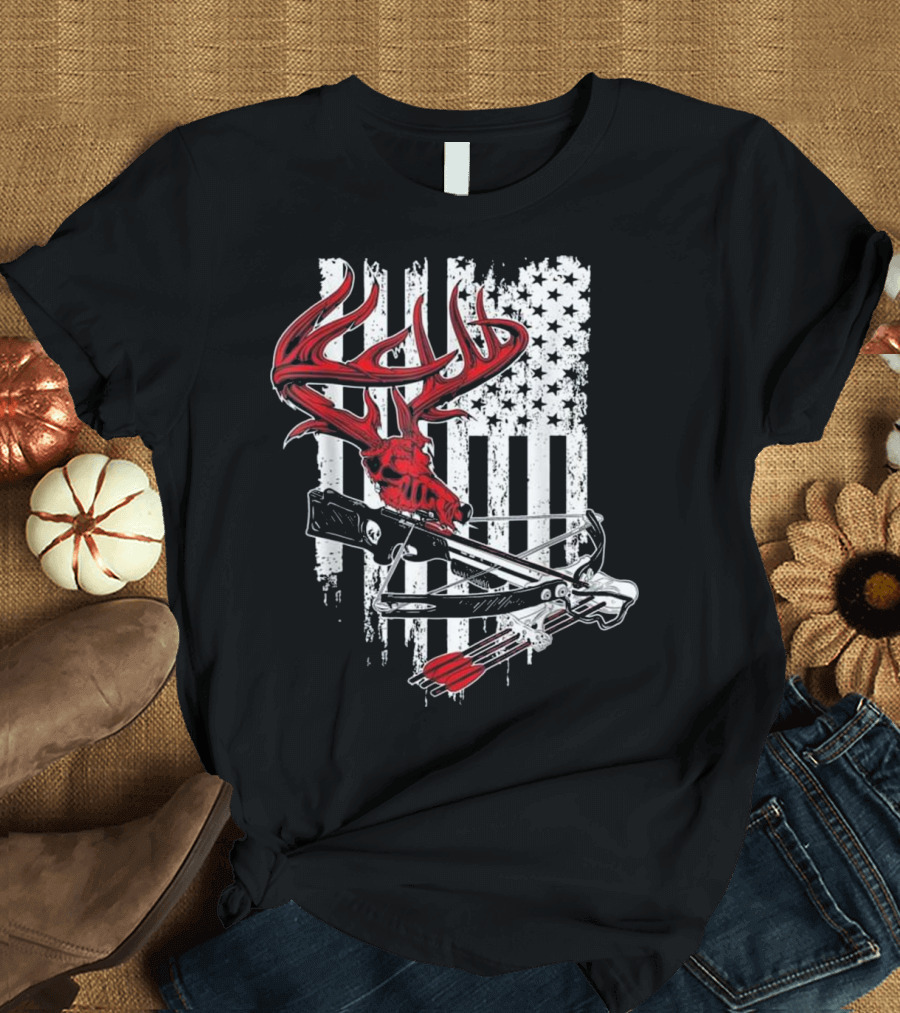American Flag Deer Skull Crossbow Bow T-Shirt